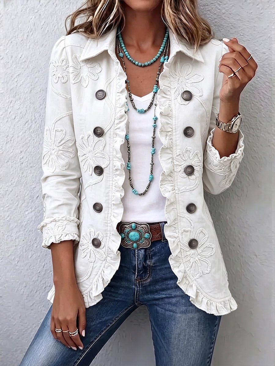 Marisol™ | Ivory Floral Embroidered Utility Ruffled Trim Jacket - Rosalie and Grace
