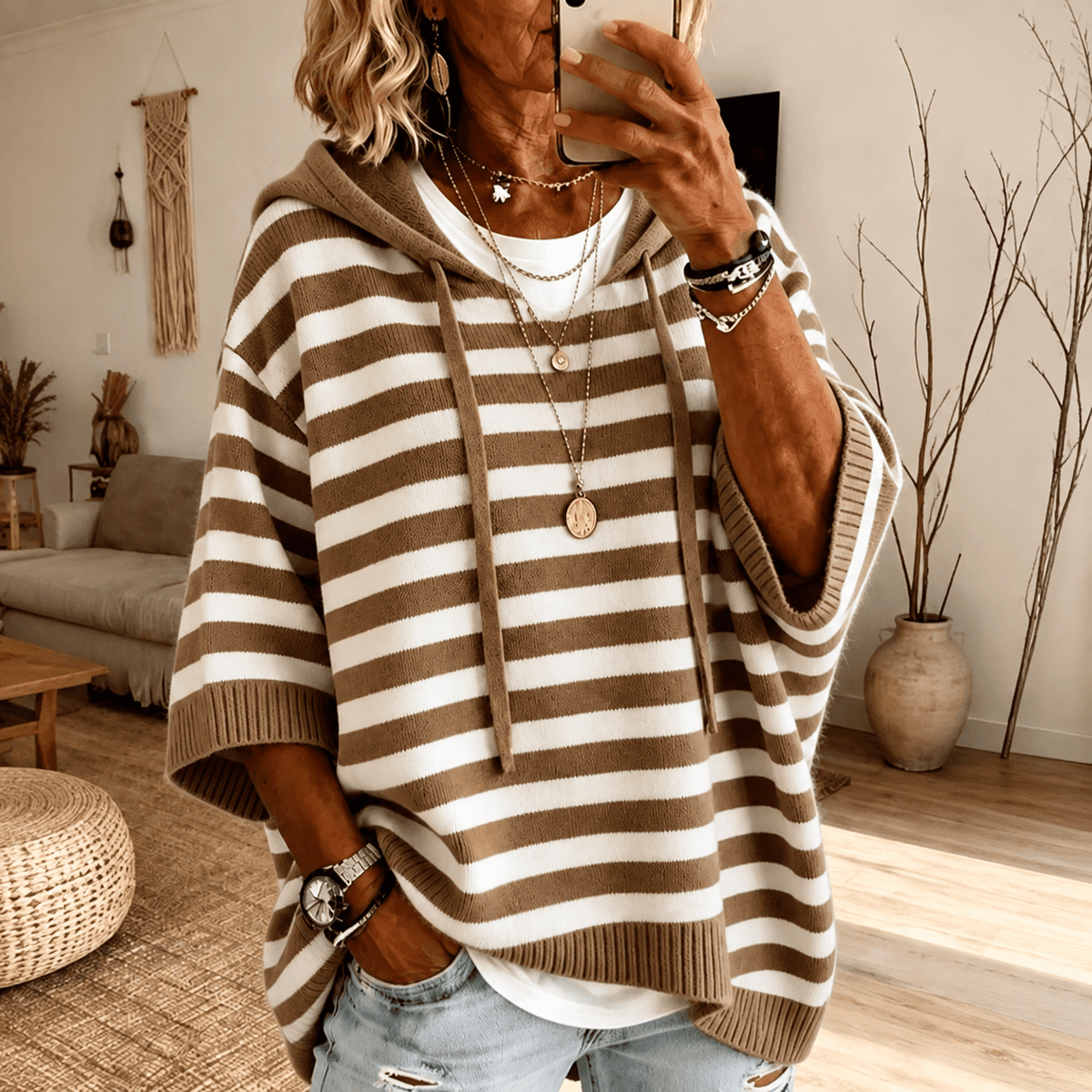 Mathilde Hooded Striped Poncho Sweater – Taupe - Rosalie and Grace