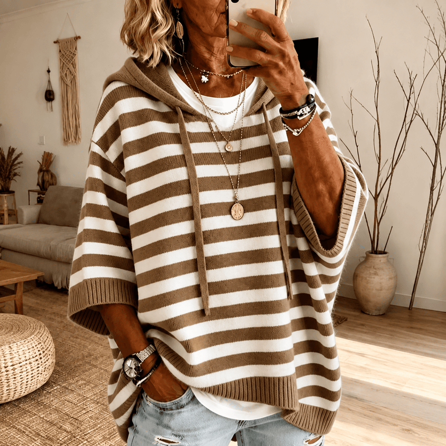 Mathilde Hooded Striped Poncho Sweater – Taupe - Rosalie and Grace
