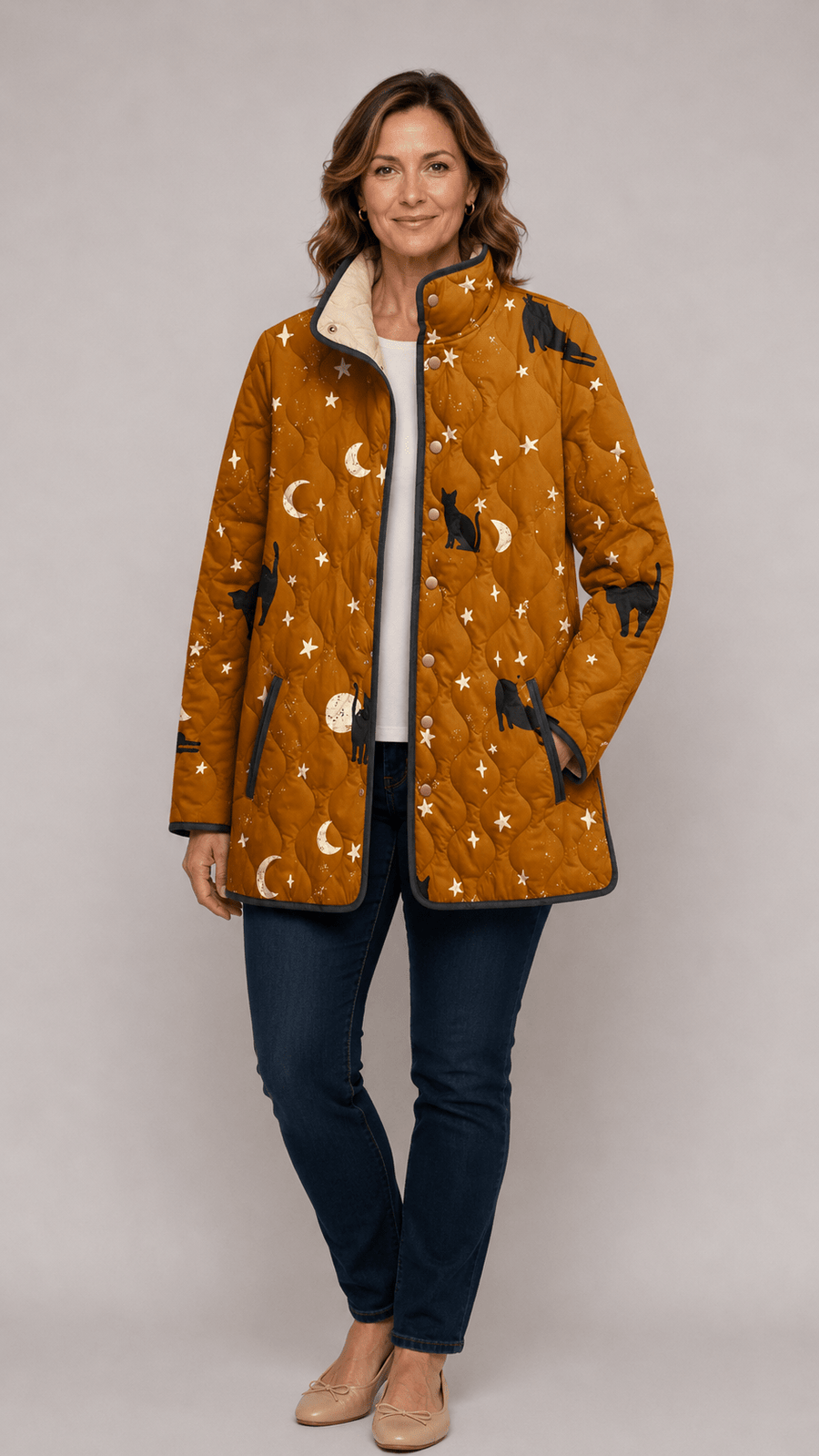 Maya™ | Black Quilted Jacket with Cat Pattern - Rosalie and Grace