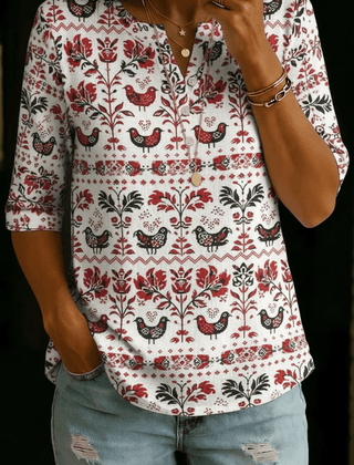 Maya | Red Folk Bird Henley Top - Rosalie and Grace