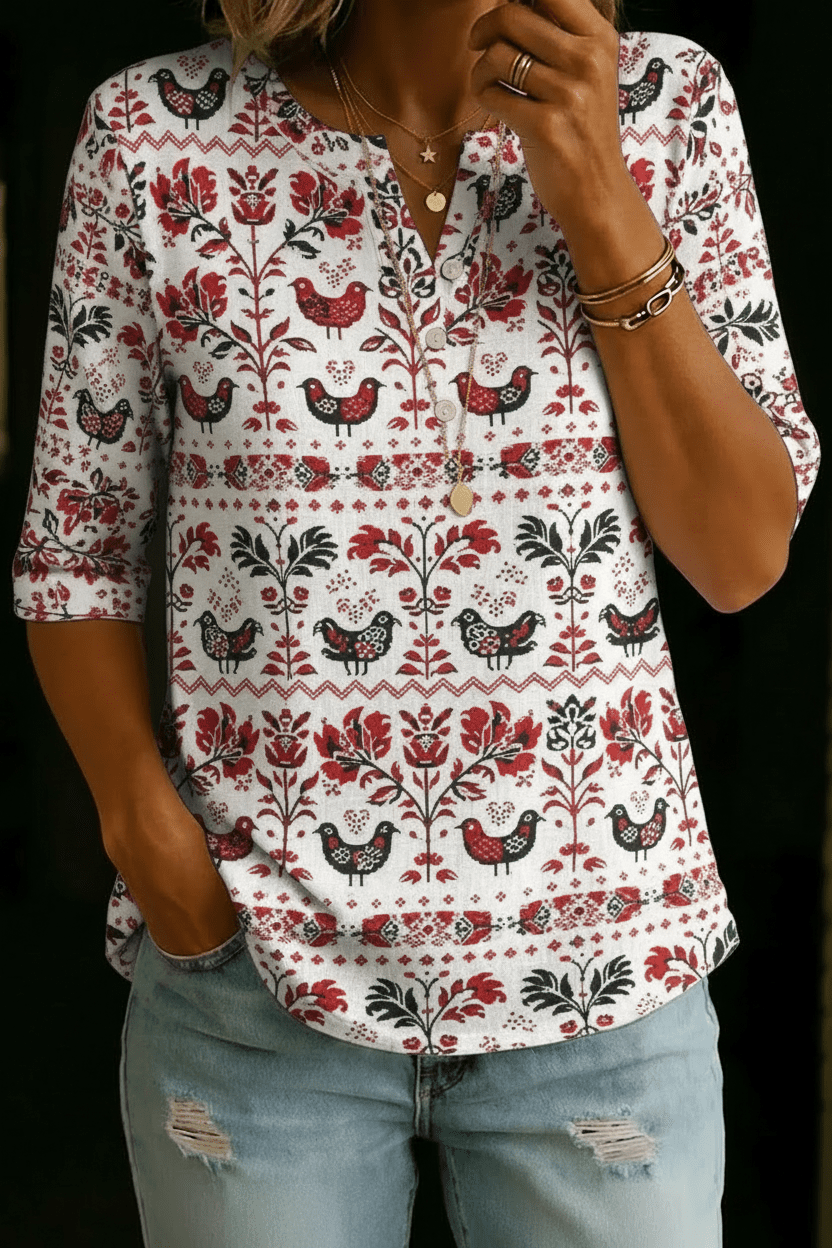 Maya | Red Folk Bird Henley Top - Rosalie and Grace