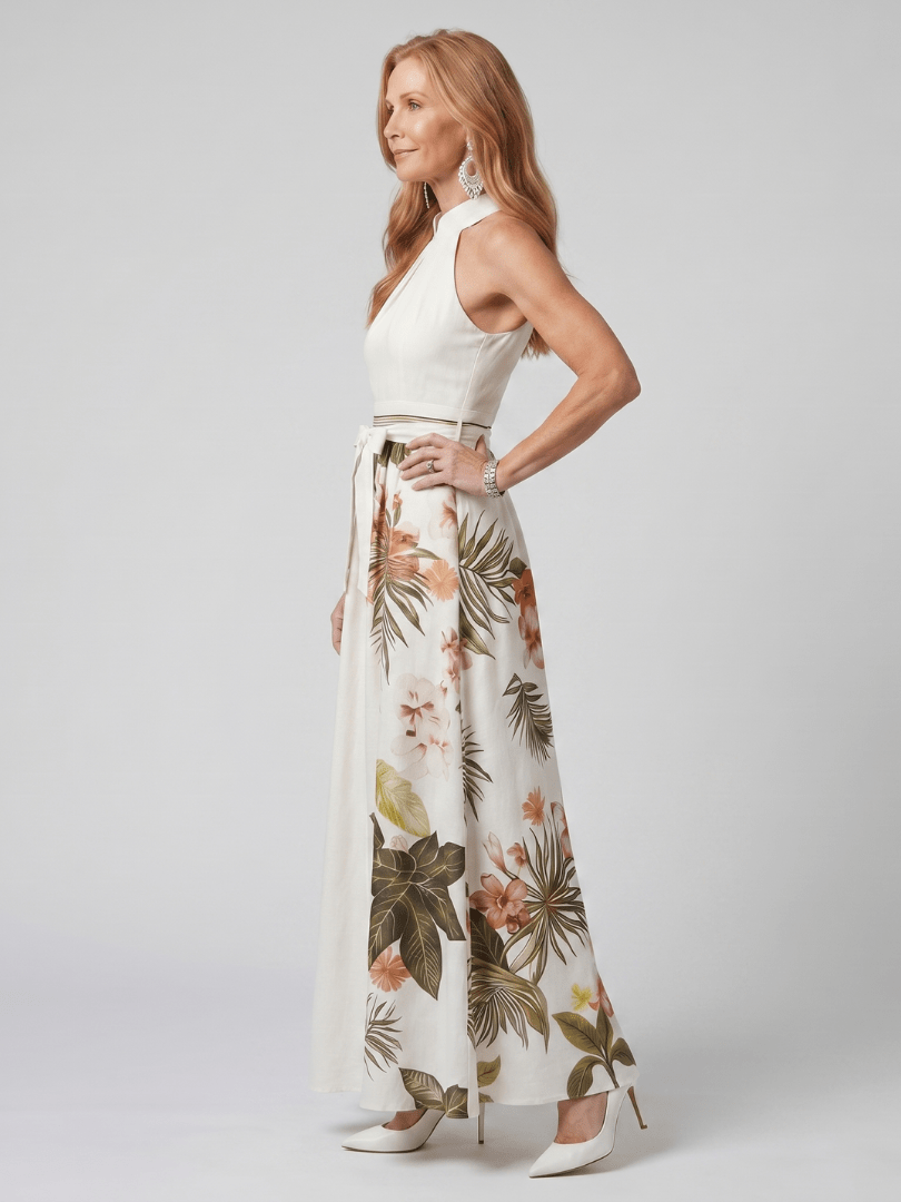 Meadow™ | Draped Halter Botanical Panel Maxi Dress - Rosalie and Grace