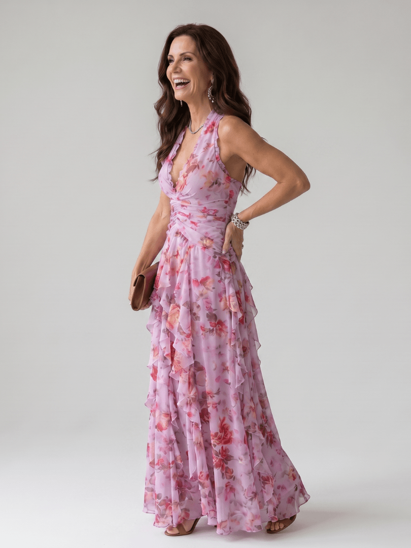 Nori™ | Halter Neck Ruched Bodice Floral Maxi Dress - Rosalie and Grace