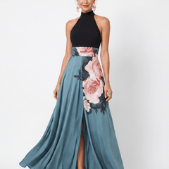 Olympas™ | Halter Bodice Floral Skirt Maxi Dress - Rosalie and Grace