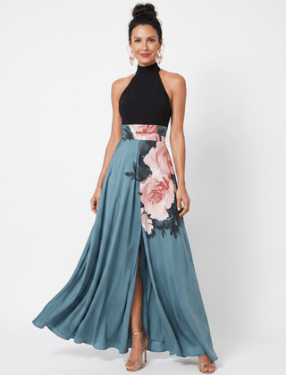 Olympas™ | Halter Bodice Floral Skirt Maxi Dress - Rosalie and Grace