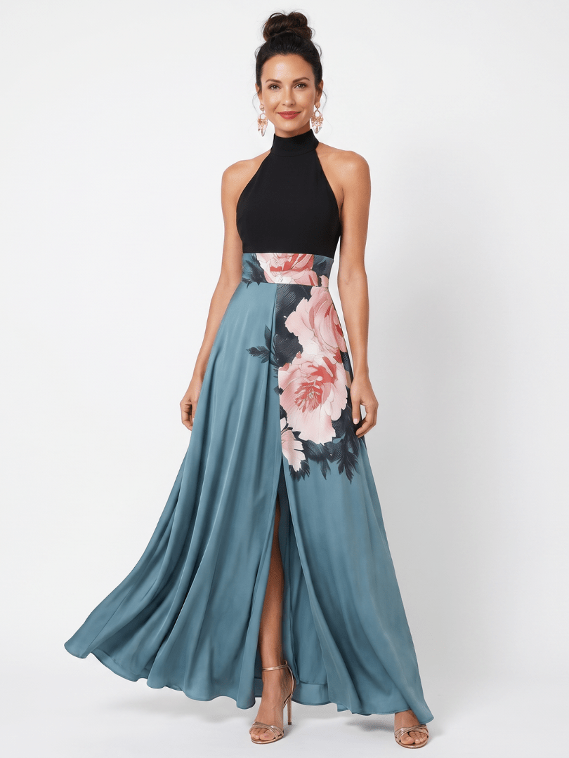 Olympas™ | Halter Bodice Floral Skirt Maxi Dress - Rosalie and Grace