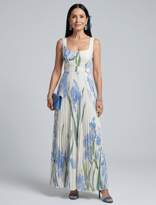 Ophelia™ | Sleeveless Square Neck Floral Print Midi Dress - Rosalie and Grace