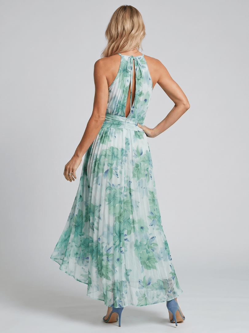 Portia™ | Pleated Halter Soft Floral Pattern Midi Dress - Rosalie and Grace
