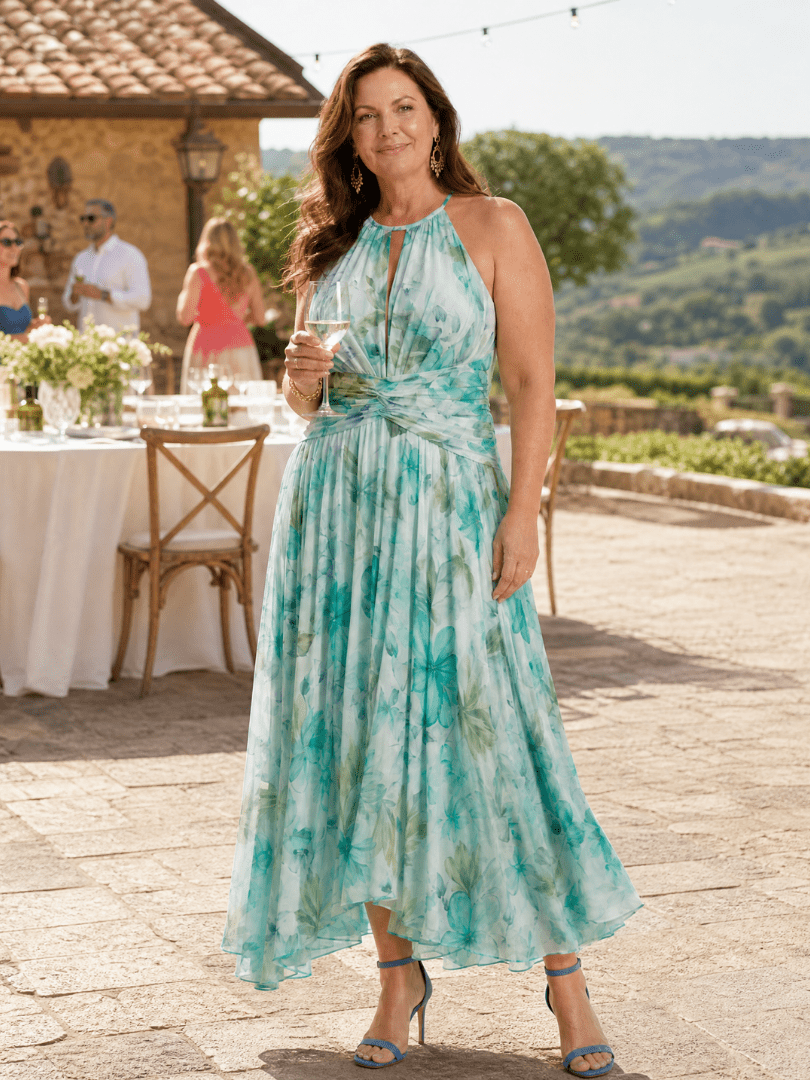 Portia™ | Pleated Halter Soft Floral Pattern Midi Dress - Rosalie and Grace