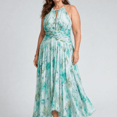 Portia™ | Pleated Halter Soft Floral Pattern Midi Dress - Rosalie and Grace