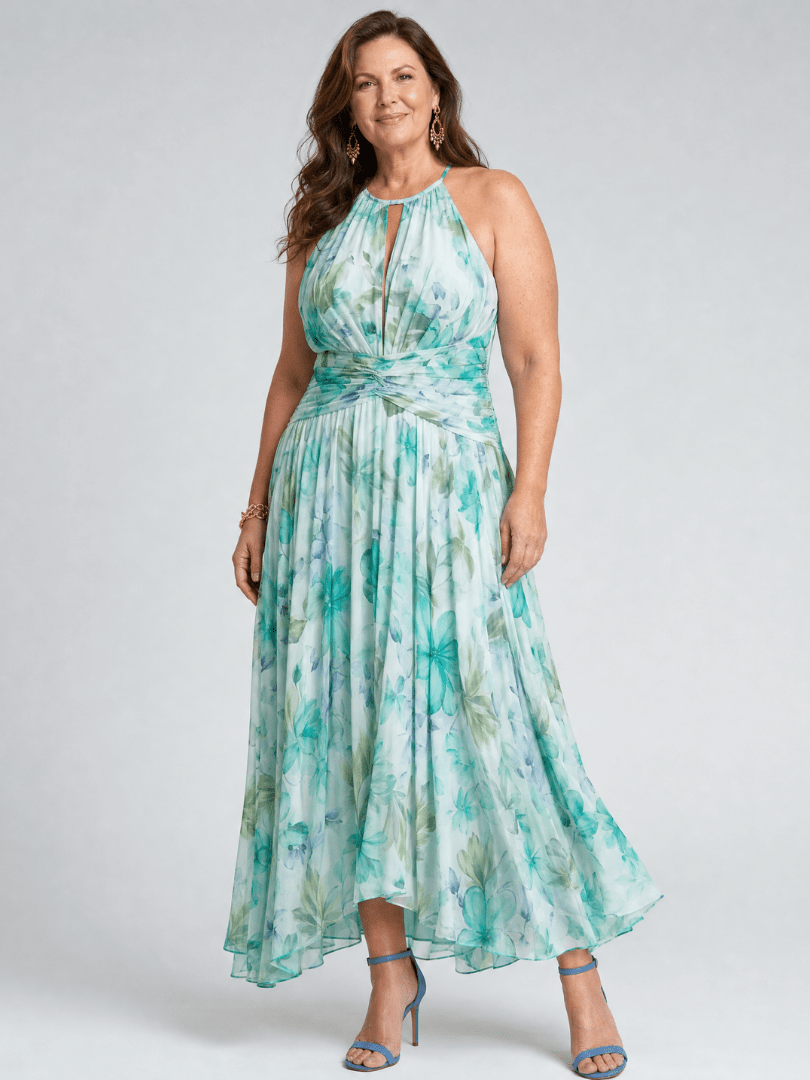 Portia™ | Pleated Halter Soft Floral Pattern Midi Dress - Rosalie and Grace