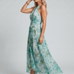 Portia™ | Pleated Halter Soft Floral Pattern Midi Dress - Rosalie and Grace