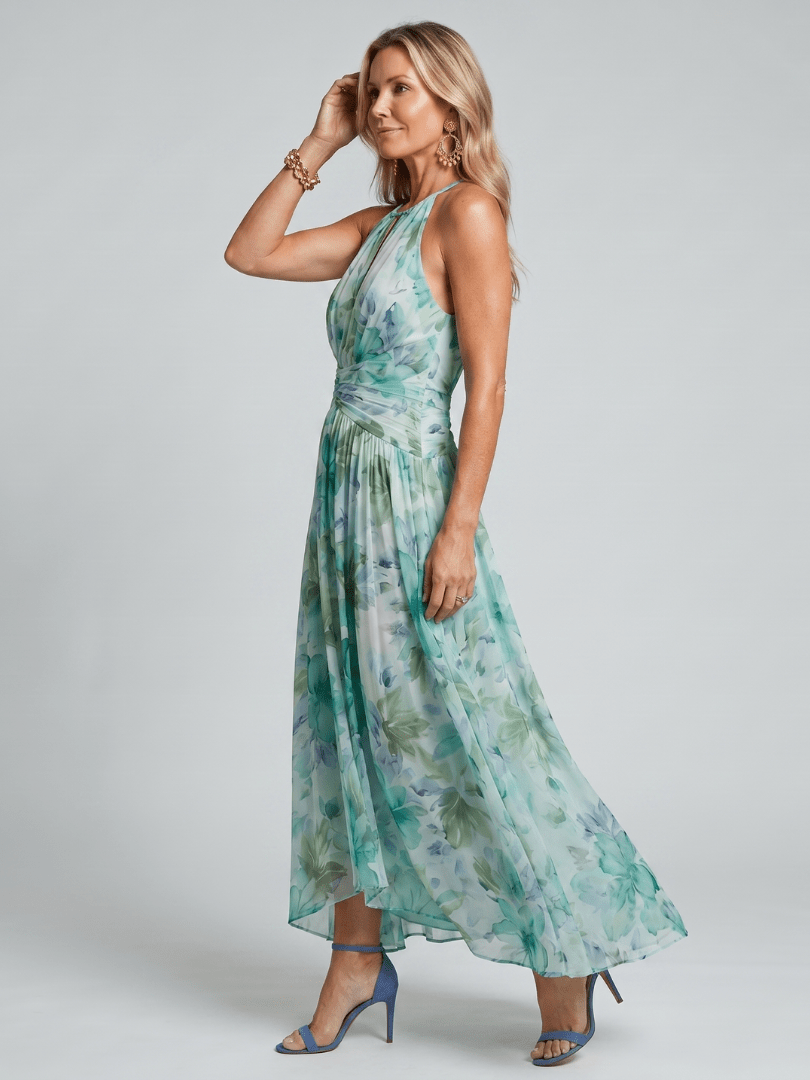 Portia™ | Pleated Halter Soft Floral Pattern Midi Dress - Rosalie and Grace