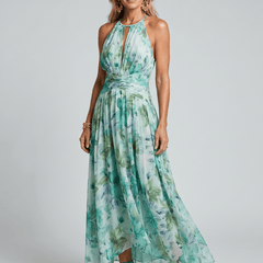 Portia™ | Pleated Halter Soft Floral Pattern Midi Dress - Rosalie and Grace