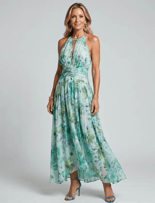 Portia™ | Pleated Halter Soft Floral Pattern Midi Dress - Rosalie and Grace