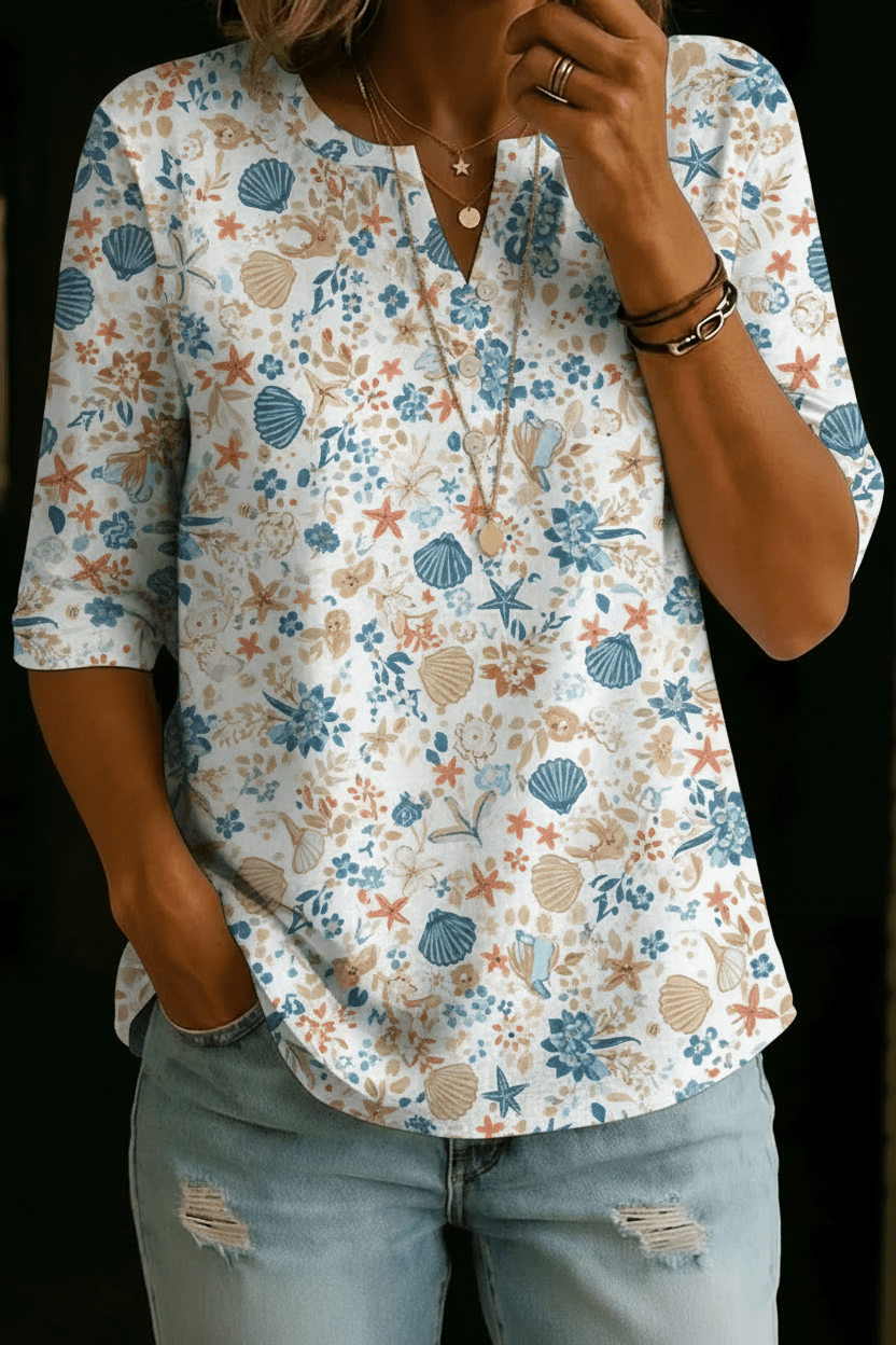 Sarah | Seashell Floral Henley Top - Rosalie and Grace