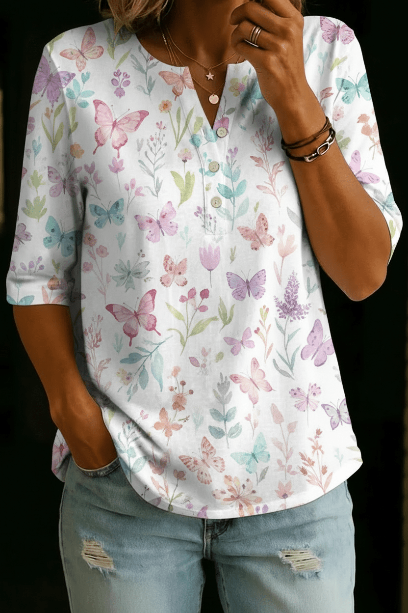 Savannah | Pastel Butterfly Henley Top - Rosalie and Grace