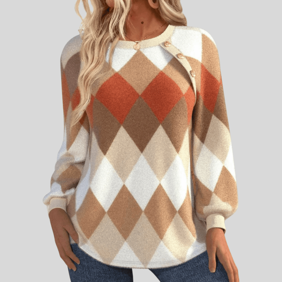 Shela | Checkered Knit with Button Detail Sweater - Rosalie and Grace