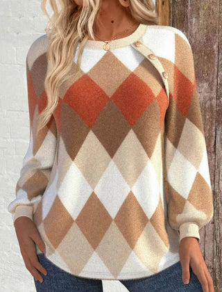 Shela | Checkered Knit with Button Detail Sweater - Rosalie and Grace