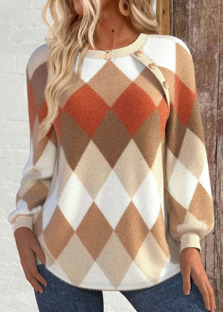 Shela | Checkered Knit with Button Detail Sweater - Rosalie and Grace
