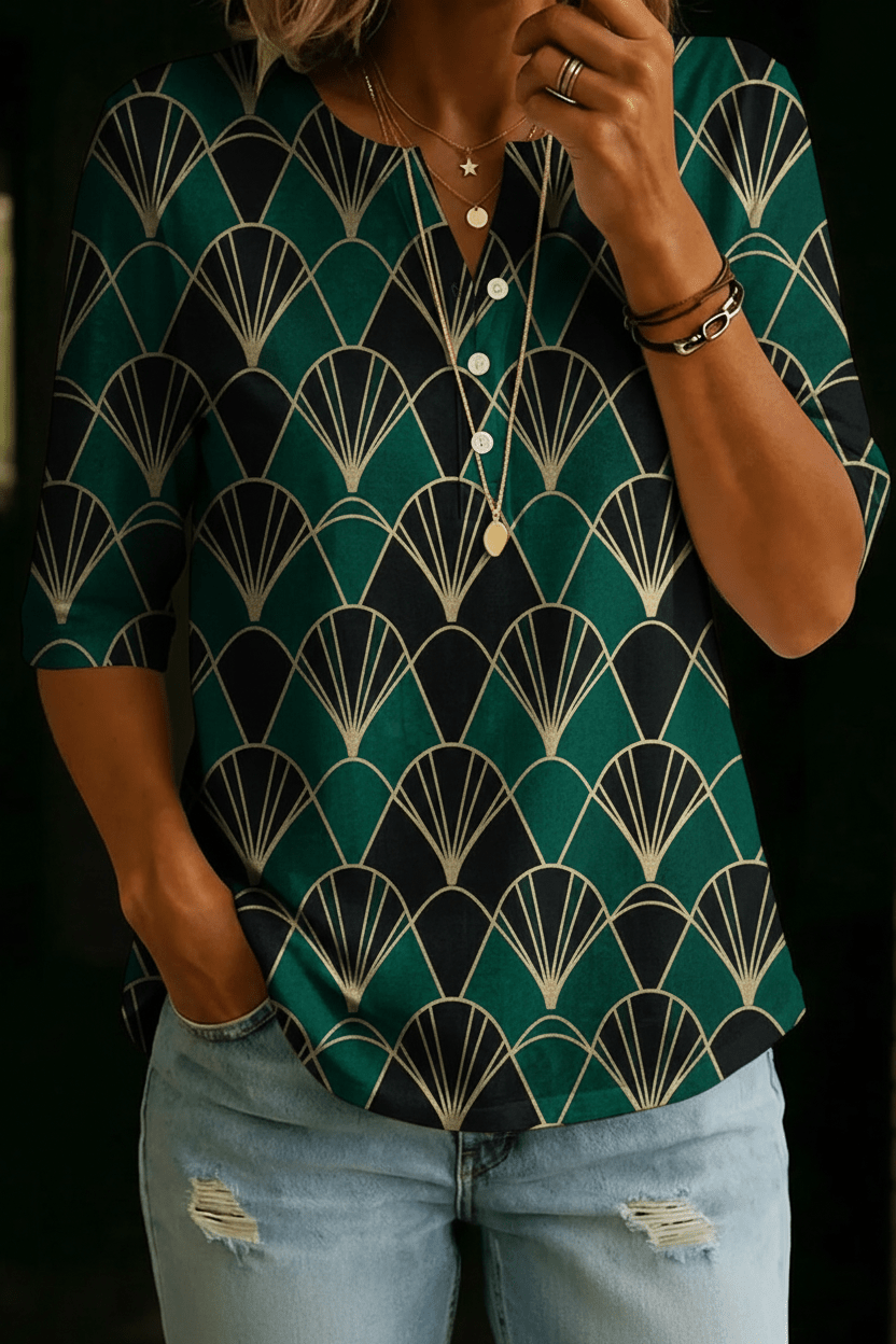 Skylar | Emerald Art Deco Henley Top - Rosalie and Grace