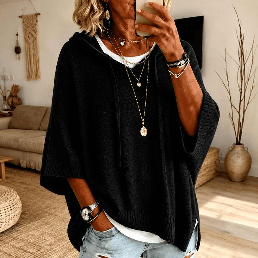 Sophie Hooded Poncho Sweater – Black - Rosalie and Grace
