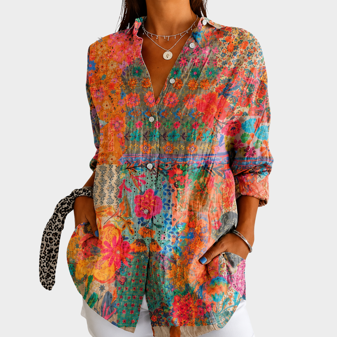 Sunlit Wildflower Patchwork Button-Front Blouse - Rosalie and Grace