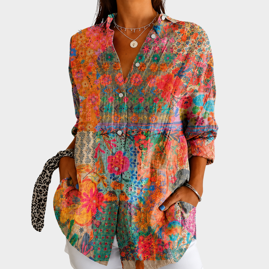Sunlit Wildflower Patchwork Button-Front Blouse - Rosalie and Grace