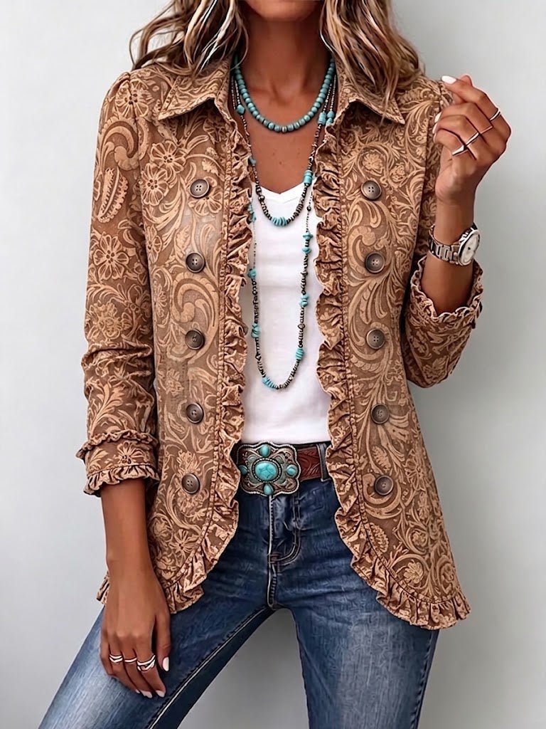 Vyclara™ | Vintage Bohemian Floral Print Ruffled Jacket - Rosalie and Grace